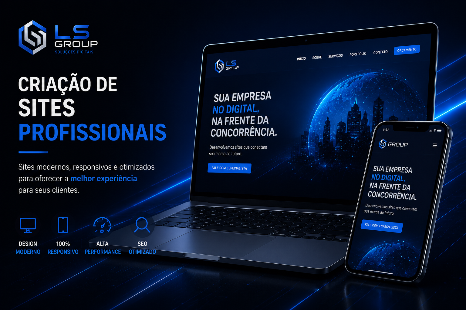 Apresentação de site profissional da LS Group em notebook e smartphone