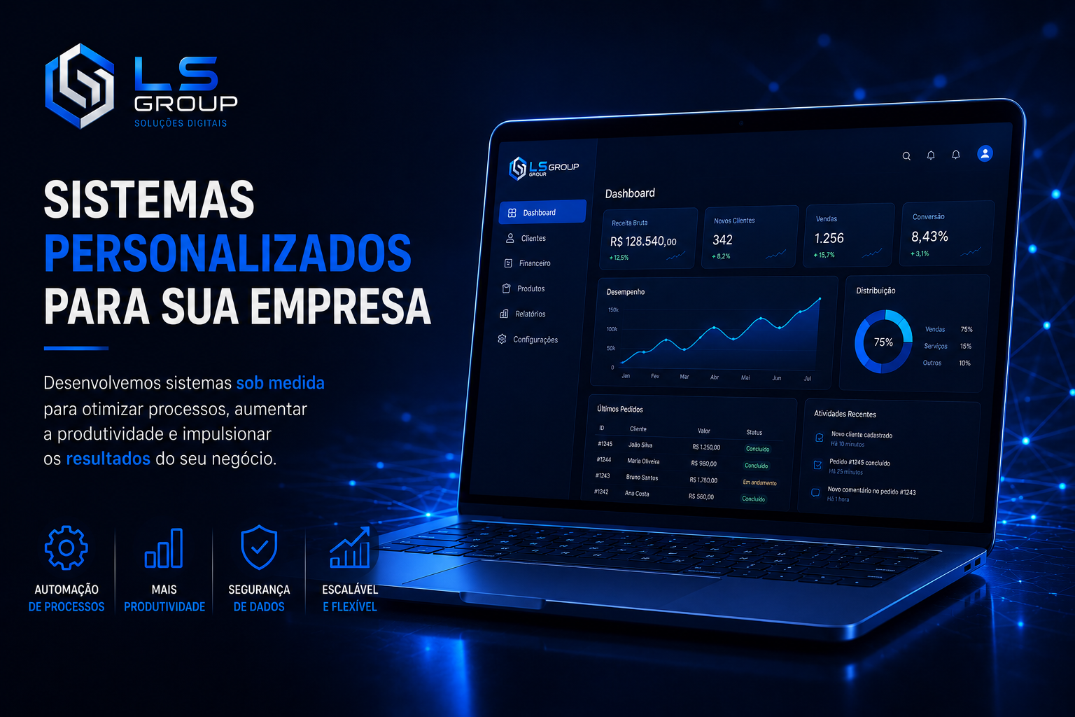 Dashboard personalizado da LS Group exibido em notebook