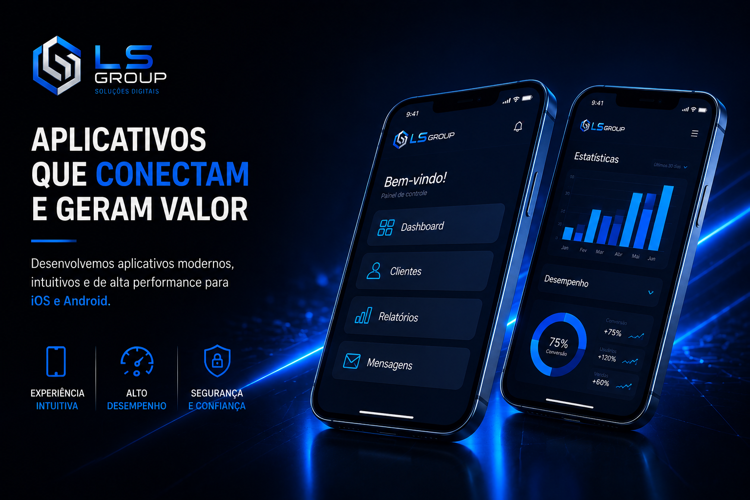 Aplicativos da LS Group exibidos em dois smartphones